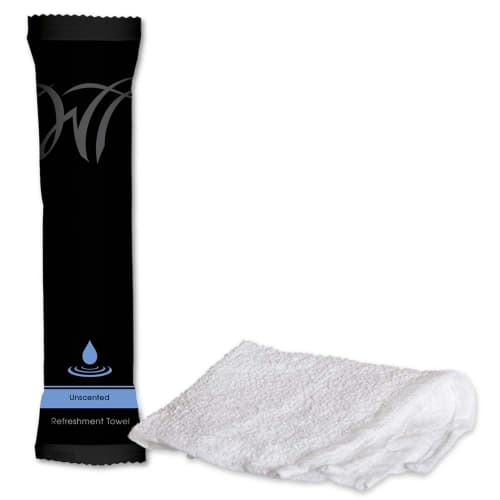 Pre-Moistened Terry Cotton Refreshment Towel, 8in Rolled, Unscented, Individually Packaged